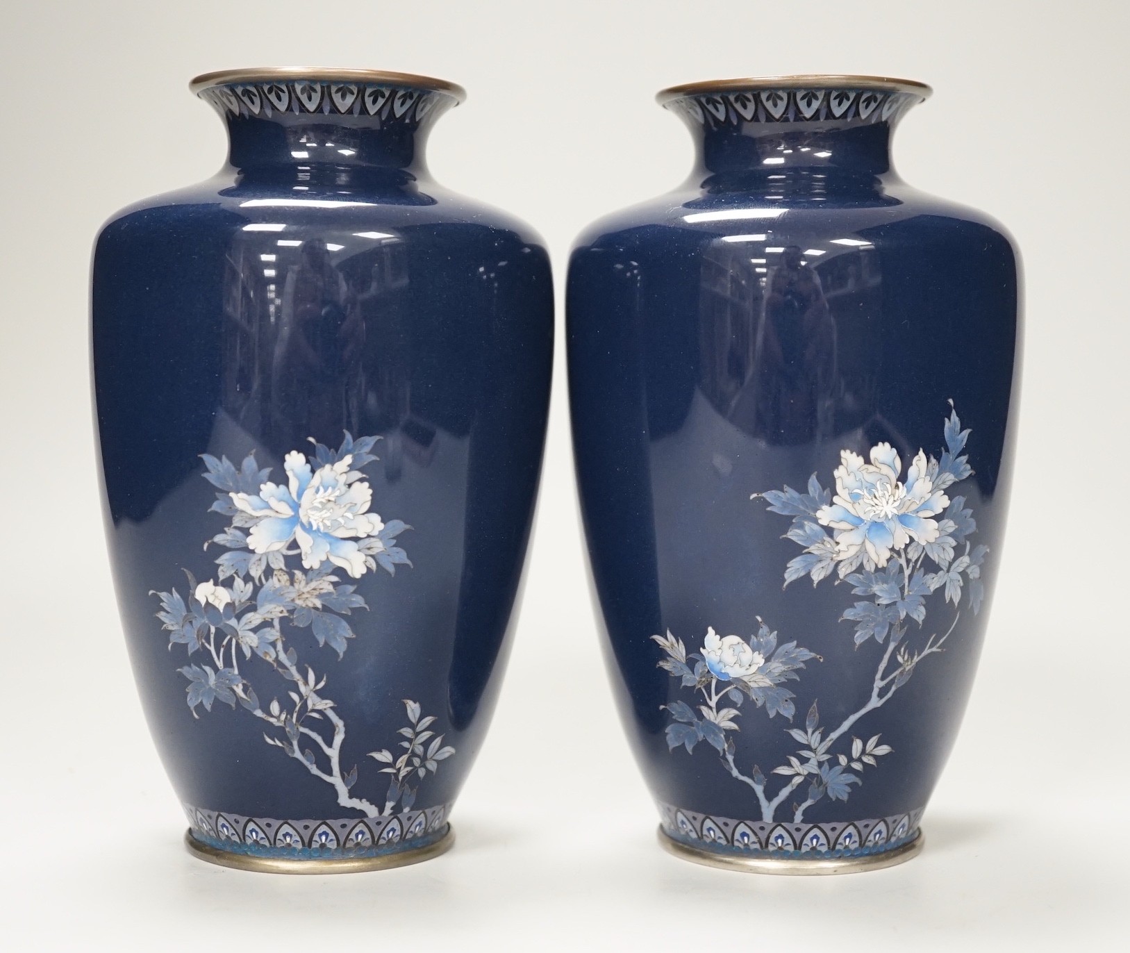 A pair of Japanese silver wine cloisonné enamel vases. 15cm high